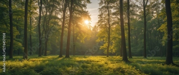 Obraz Sunlight filtering through trees in a lush green forest with ferns and soft morning light creating a tranquil natural scene.