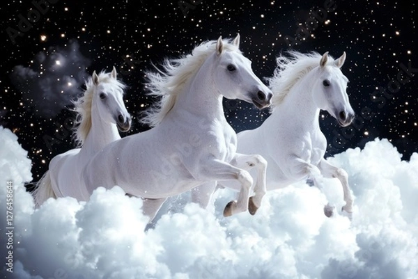 Obraz Three white horses running through clouds under a starry night sky
