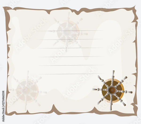 Fototapeta Nautical Steering Wheel on Aged Paper Background. with a ship’s wheel in the corner. Vector graphic for invitations, posters,  cards