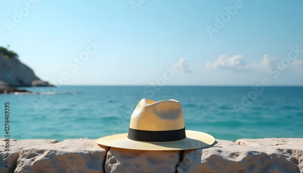 Obraz Straw Sun Hat on a Rocky Ledge by the Sea, Gentle Ocean Breeze on a Relaxing Summer Day