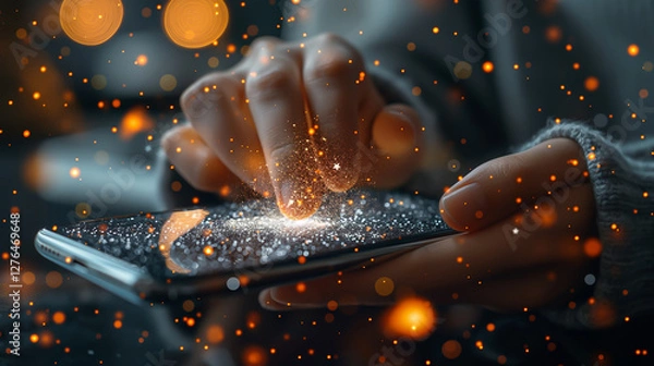 Fototapeta Smartphones display five-star ratings, beautifully lit up. The golden stars symbolize customer satisfaction, service excellence, and digital feedback, creating a warm and festive atmosphere.