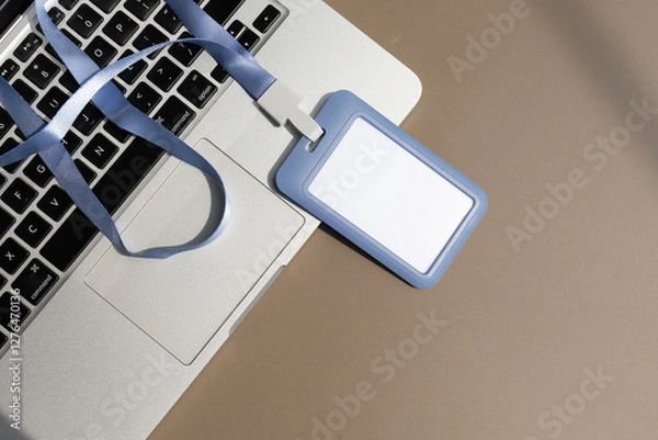 Fototapeta Empty Name Tags and Laptop Setup – Office Access or Event Check-In Visual