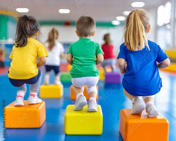 Fototapeta Preschoolers exercising on colorful blocks in gym