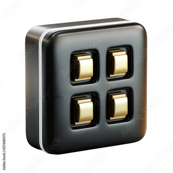 Fototapeta A 3D render of a black button square featuring four gold buttons. The design is sleek and modern, showcasing a minimalist aesthetic.