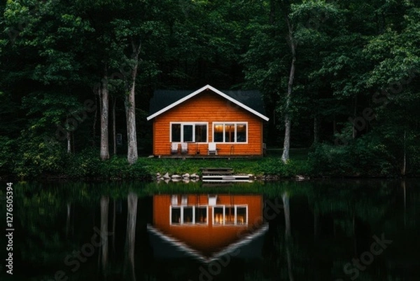 Obraz Cozy lakeside cabin in tranquil forest at dusk, perfect for peaceful getaway