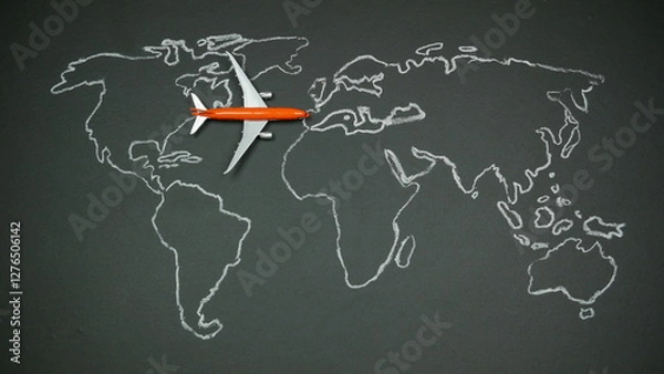 Fototapeta Chalk outline of a world map with a toy airplane