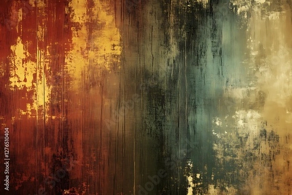 Fototapeta A vivid abstract image with textured layers featuring warm hues of red, orange, and cool tones of green and blue.