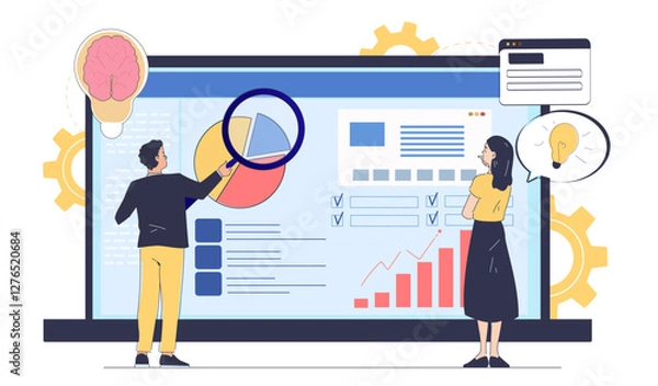 Fototapeta Two professionals analyze business data on a large screen with charts, graphs, and checklists. One holds a magnifying glass while the other thinks. Business strategy concept. Vector illustration