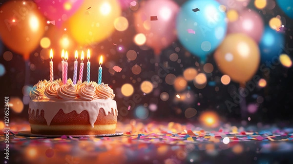 Fototapeta Festive Birthday Celebration with Colorful Balloons, Glowing Candles, and Floating Confetti in a Warm, Cheerful Atmosphere