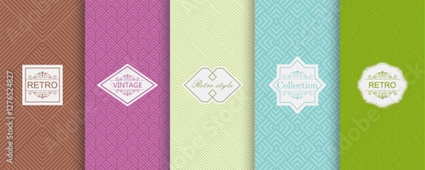Fototapeta Vector geometric seamless patterns for print, decor, voucher, package, banner. Trendy set of abstract colorful backgrounds with minimal labels, frames. Abstract modern retro line ornament textures