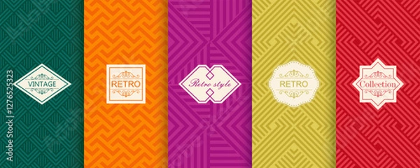 Fototapeta Vector geometric seamless patterns for print, decor, voucher, package, banner. Trendy set of abstract colorful backgrounds with minimal labels, frames. Abstract modern retro line ornament textures