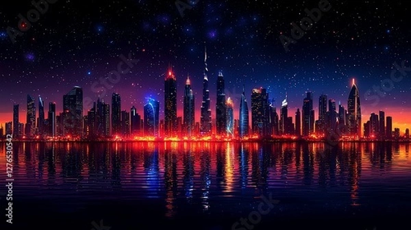 Fototapeta Vibrant city skyline at twilight with reflections in water and starry sky
