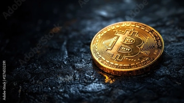 Fototapeta Golden Bitcoin coin on dark textured surface