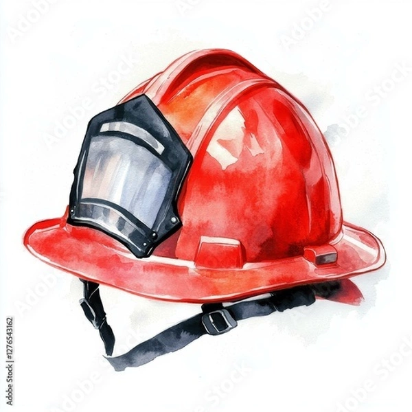 Obraz Realistic Watercolor Painting Depiction of a Firefighter Helmet with a Visor and Black Strap