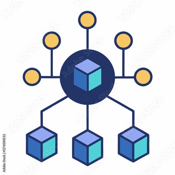 Fototapeta Illustration of a network with cubes and circles connected by lines on a white background. Business themed Graphic resource.