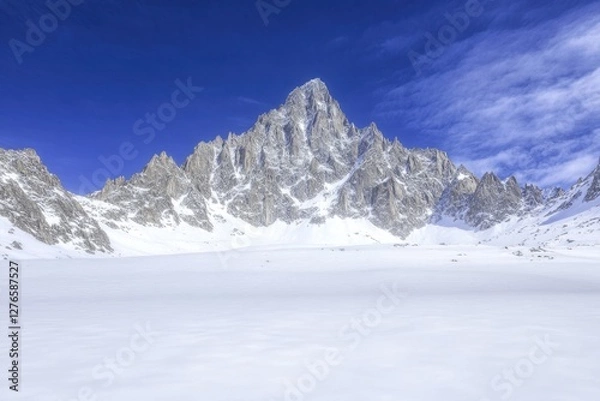 Fototapeta Majestic snow-covered mountains rise against vivid blue sky, evo