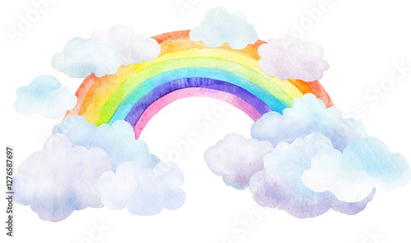 Fototapeta Watercolor illustration of a rainbow with fluffy soft clouds in varying shades of white and light blue