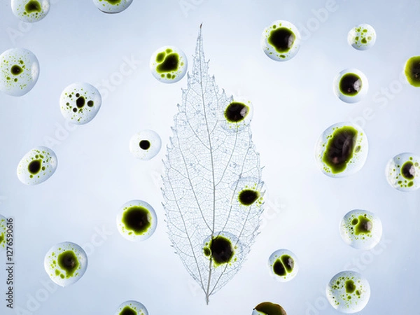 Obraz Transparent hackberry leaf skeleton with oil drops and green ink. Chlorophyll on glass slide. A bioart experiment between art and science.