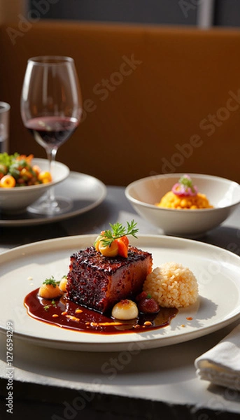 Obraz Artistic presentation of duck confit with sides, elegant dining experience