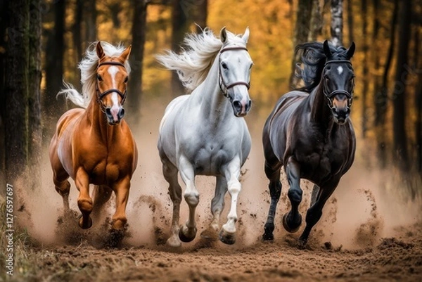 Fototapeta Three horses run at lightning speed, kicking up dust in the surrounding woods.  The horses' manes are blowing their manes, creating a spectacular fairytale-like scene. 