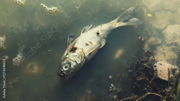Fototapeta Underwater Scene of a Decomposing Fish on the Water Surface Surrounded by Algal Growth Illustrating Environmental Pollution and Aquatic Ecosystem Imbalance