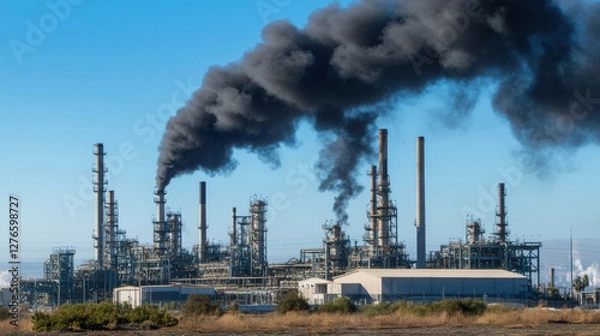 Fototapeta Industrial refinery complex releasing dense black smoke into the clear blue sky, highlighting pollution issues and the impact of fossil fuels on the environment.