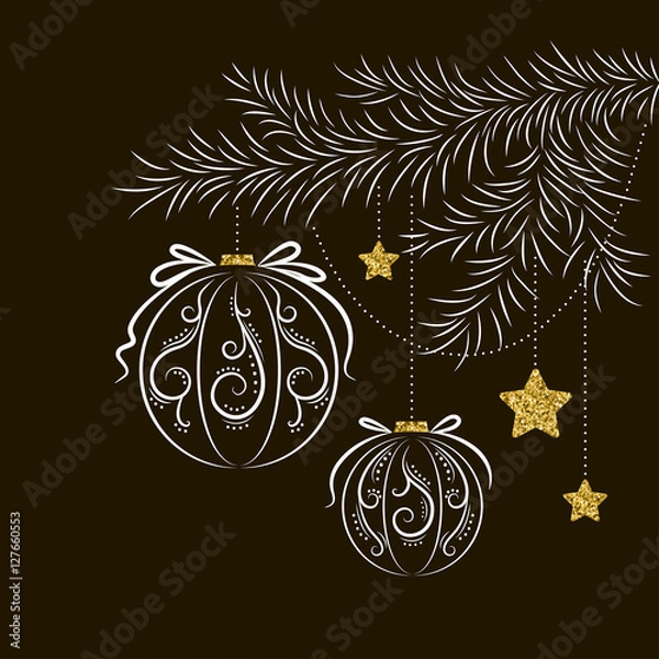 Fototapeta Abstract Christmas card with fir branch decoration with glass balls and stars, patterns, and texture of gold on dark background, vector illustration