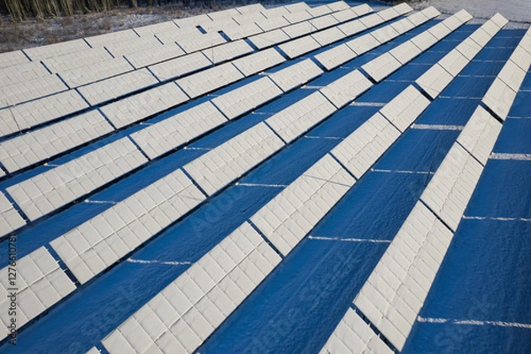 Fototapeta Snow-Covered Solar Farm Facing Winter Energy Challenges