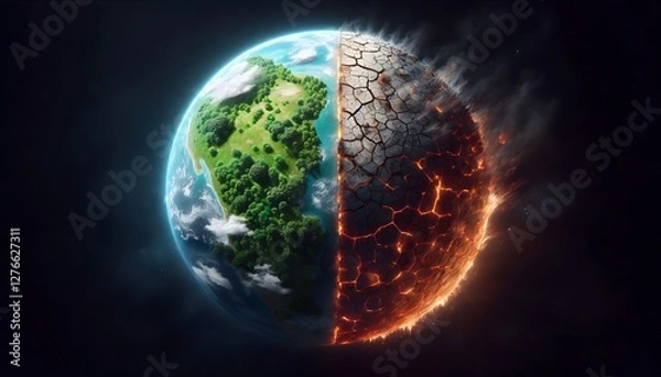 Obraz A futuristic illustration of Earth's future: one side natural and green, the other scorched and dusty due to extreme changes.