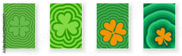 Obraz A bold vector illustration featuring shamrocks and four-leaf clovers with green and orange ripple textures, symbolizing luck and fortune.
