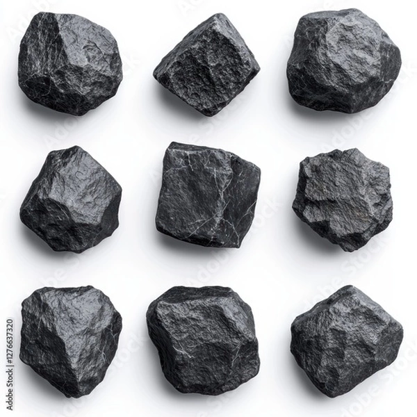 Fototapeta A collection of dark, irregularly shaped rocks arranged in a grid pattern, showcasing their rough textures and unique forms.
