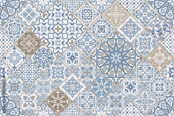 Fototapeta Seamless colorful patchwork. Hand drawn background. Azulejos tiles patchwork. Traditional ornate Portuguese and Spanish decorative tiles azulejos. Abstract background. Ceramic tiles. Vector