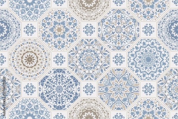 Fototapeta Seamless colorful patchwork. Hand drawn background. Azulejos tiles patchwork. Traditional ornate Portuguese and Spanish decorative tiles azulejos. Abstract background. Ceramic tiles. Vector