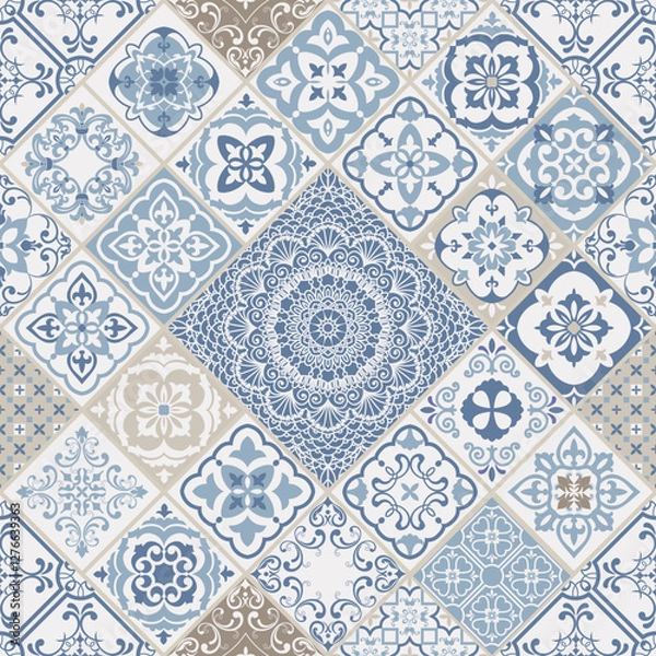 Fototapeta Seamless colorful patchwork. Hand drawn background. Azulejos tiles patchwork. Traditional ornate Portuguese and Spanish decorative tiles azulejos. Abstract background. Ceramic tiles. Vector