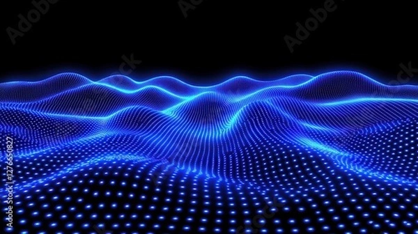 Fototapeta Glowing blue digital grid landscape with futuristic lights and wavy surface