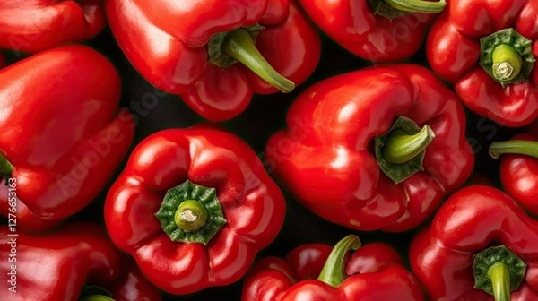 Fototapeta Fresh red bell peppers arranged neatly on a dark surface showcasing their vibrant color and healthy appeal