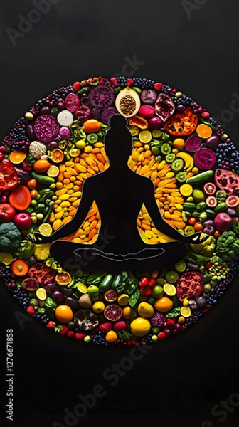 Fototapeta Meditation silhouette surrounded by vibrant, healthy food in the center of an intricate mandala pattern
