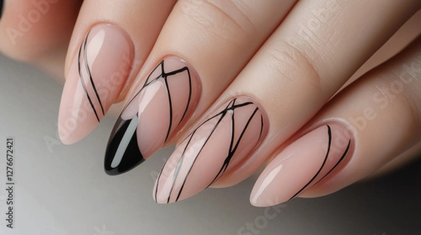 Fototapeta A set of nude almond-shaped nails featuring elegant black geometric line art for a modern and minimalist look.