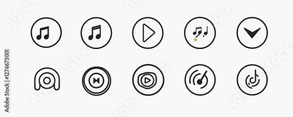 Fototapeta Set of music icons including notes, play, fast-forward, and loop symbols in black and white. Vector