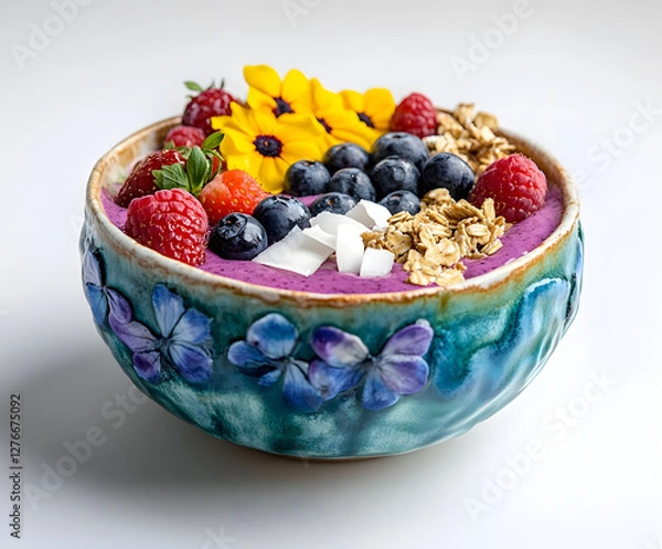 Obraz A colorful smoothie bowl topped with fresh berries, granola, and coconut flakes, in a handmade ceramic bowl.