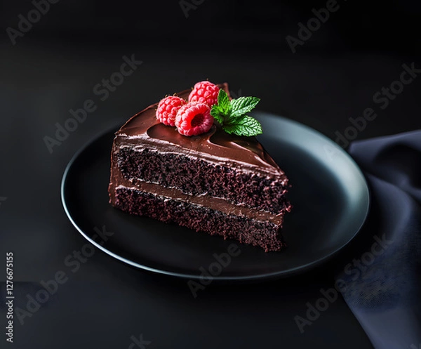 Fototapeta A piece of chocolate cake with fresh raspberries and mint on a black plate, isolated against a dark background, viewed from the side.