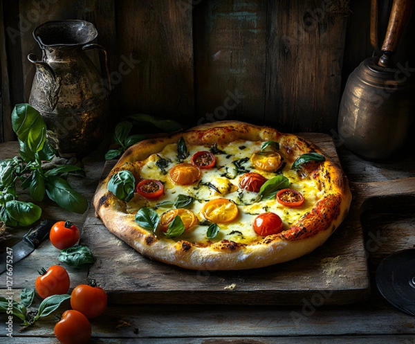 Obraz A delicious-looking pizza with mozzarella, cherry tomatoes, and basil on an old wooden table, dark background, highly detailed photography.