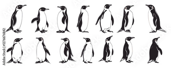 Fototapeta Illustration of multiple penguins in various poses facing different directions. Vector
