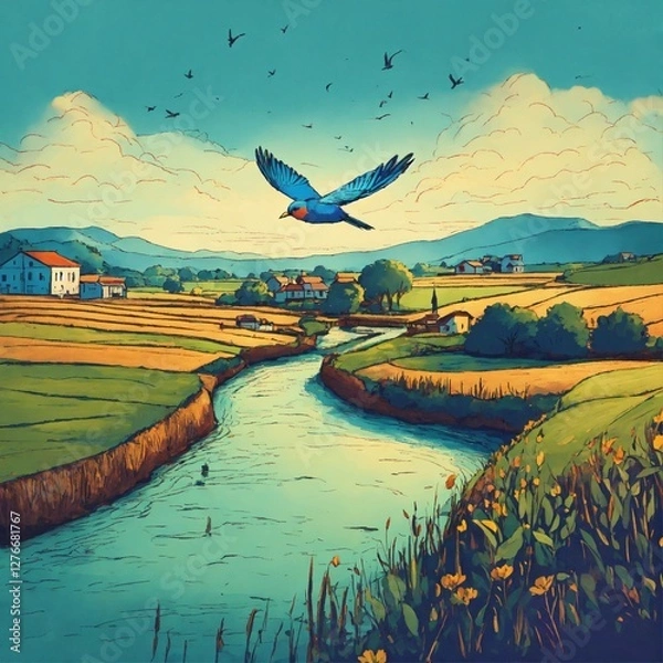 Obraz landscape with river and mountains