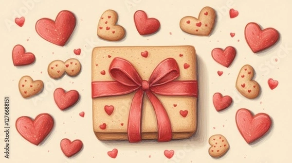 Fototapeta A hand-drawn design of a cookie box tied with a red ribbon, surrounded by small heart-shaped cookies, perfect for Valentine's Day.