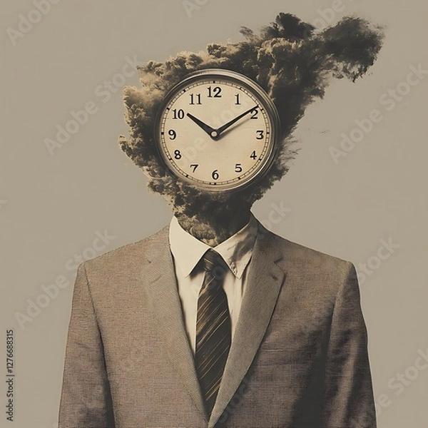 Fototapeta Abstract businessman with clock head, time disappearing, conceptual art