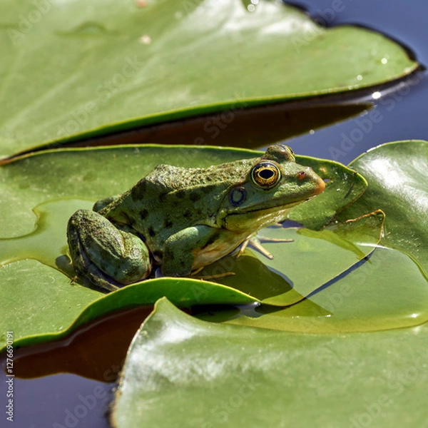 Fototapeta Marsh frog sitting on a water lily leaf in the picturesque forest lake in the Dnieper Delta