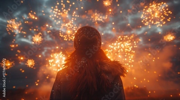 Fototapeta A woman in a winter coat and beanie stands mesmerized as golden fireworks explode in the sky, illuminating the night with glowing sparks and creating a magical atmosphere