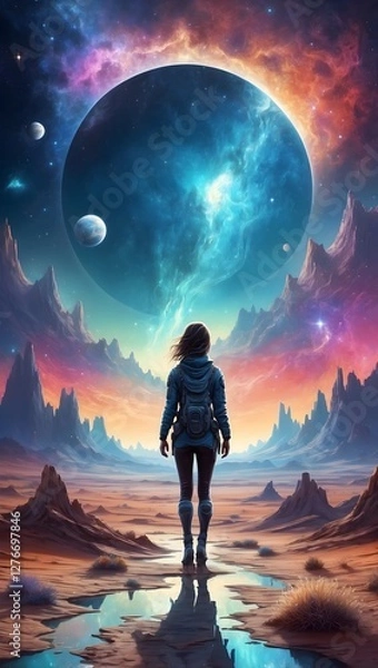 Fototapeta Gemälde in Psychedelischen Farben - Beobachter in einer futuristischen Landschaft