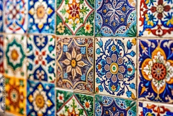 Fototapeta White and colorful ceramic tiles blend in a captivating ethnic mosaic, a blurred patchwork of artistic design.
